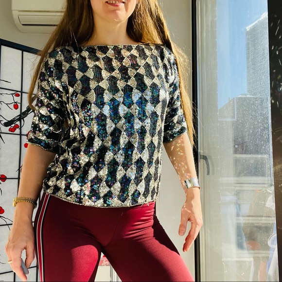 Anthropologie Anishkumar Sequin Crop Short Sleeve Chess Board Pattern Bugles Top - Picture 4 of 11